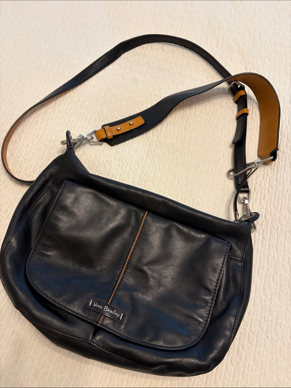 Vera Bradley Black Leather Shoulder Bag with Tan Accents